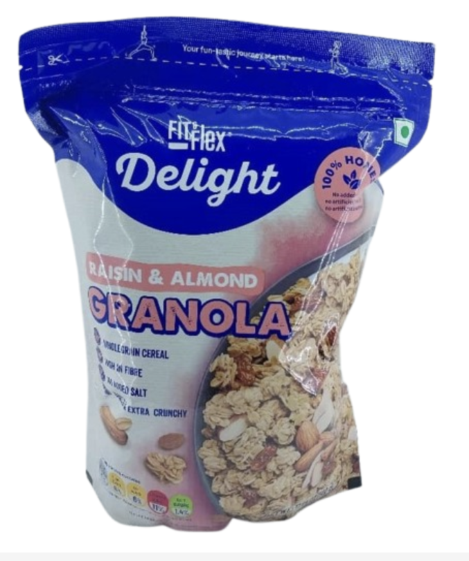 Fix& flex Delight 100% honest raisin and Almond Granola Zero cholesterol naturally
