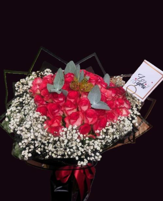 Special hand decorated Bouquet of Pink roses with gypsum flowers