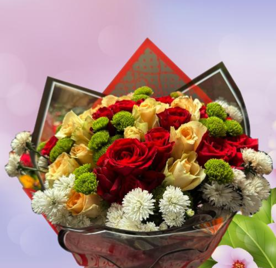 Small special bouquet of red Roses with variety of flowers of different colors.