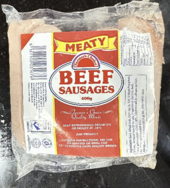 Meaty Beef Sausages 400g
Farmers Choice Meaty Beef Sausages 400g