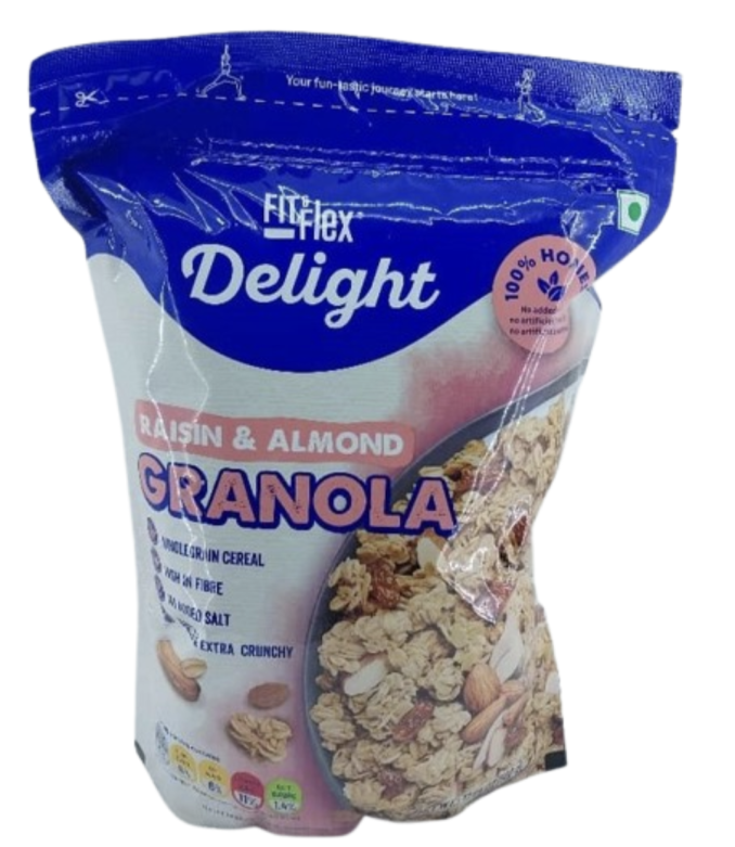 FIT & FLEX Delight 100% HONEST Raisin & Almond Granola ZERO cholesterol Naturally..