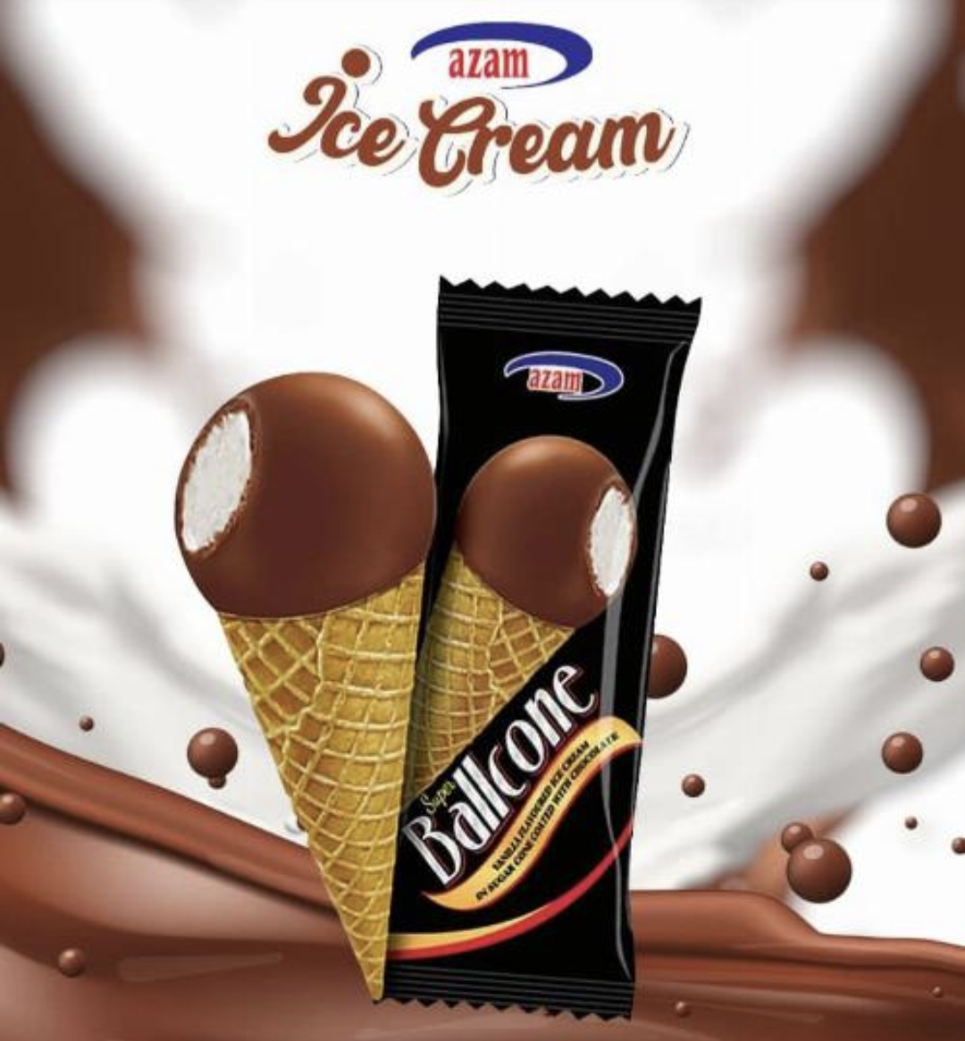Azam super Ballcone 120ml
Vanilla flavoured ice cream in sugar cone coated with cho colate