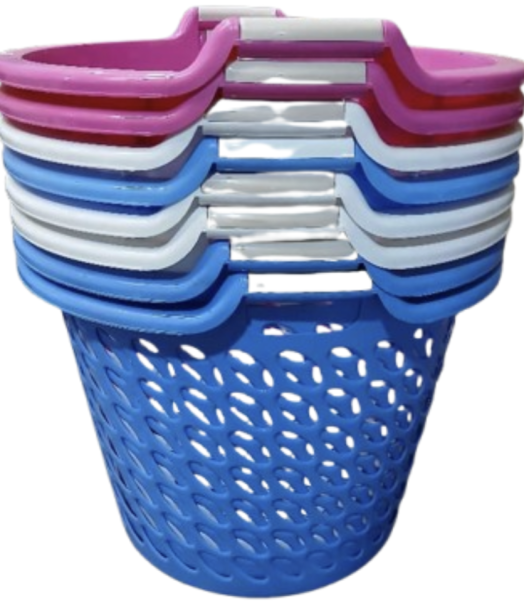Open round plastic laundry basket with handles