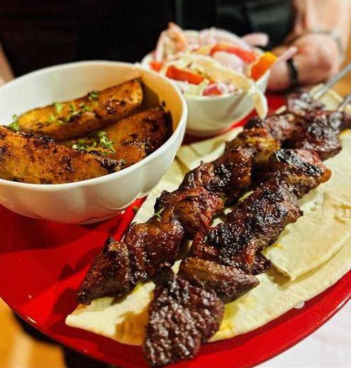Beef Shashlik with Roasted Potatoes & Salad