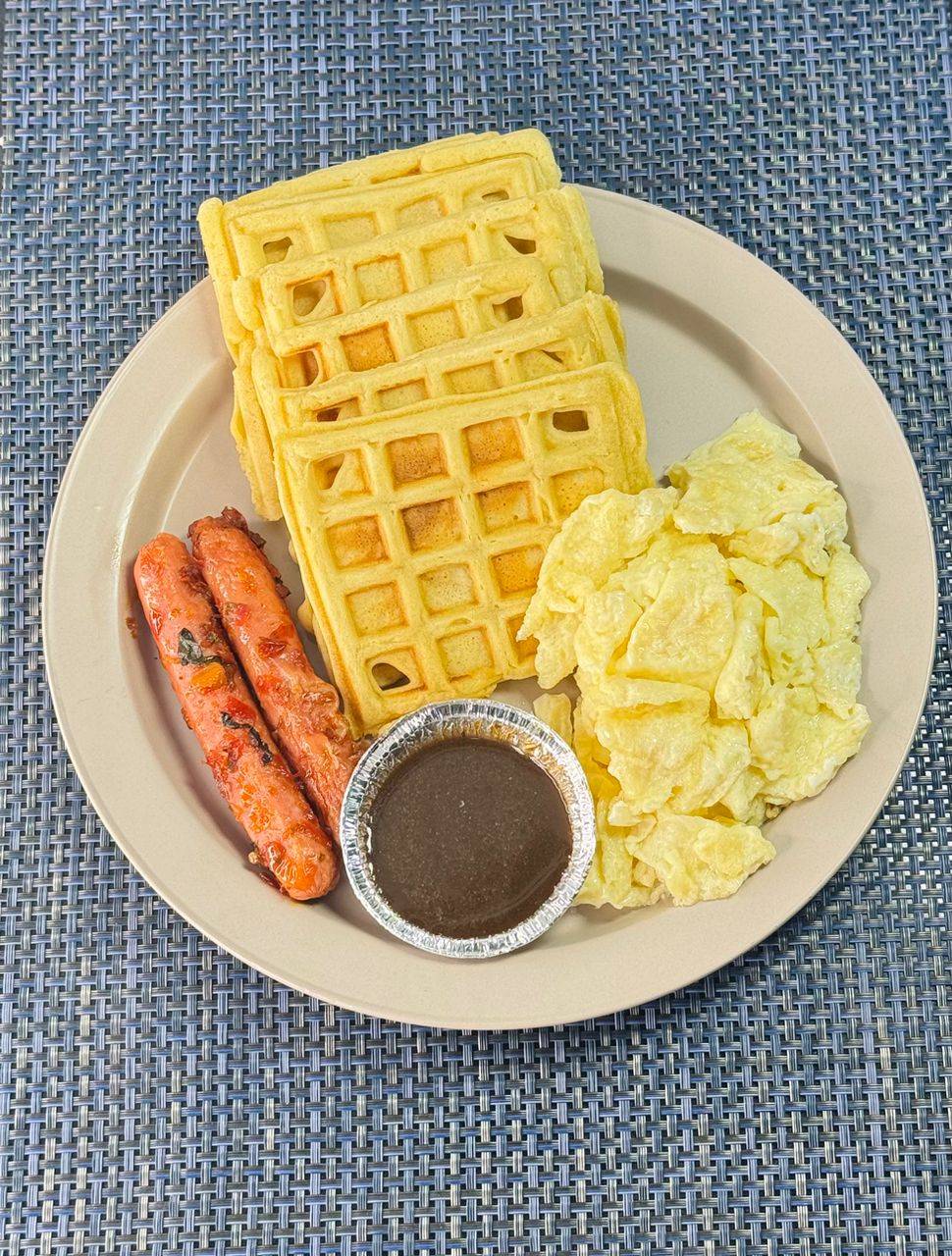 Waffles with Eggs, Sausage and Brown Butter Sauce