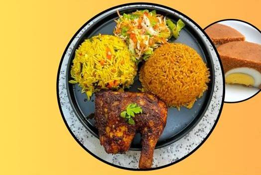 A mix of Jollof Rice & Fried Rice with Soft drink & Free snack